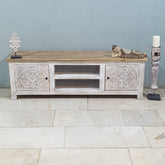 Indian Hand Carved Solid Hard Wood TV Unit with 2 Doors And Shelf Whitewash